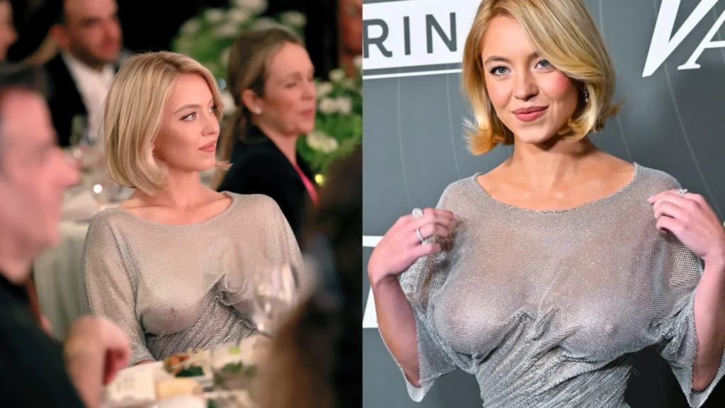 sydney sweeney bold silver dress look 2025