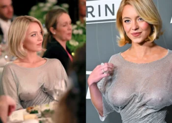 sydney sweeney bold silver dress look 2025