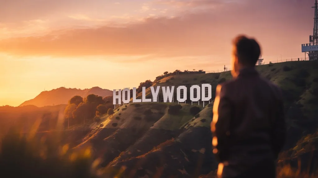 Cinematic sunset over the Hollywood Sign with a film camera silhouette in the foreground, symbolizing Hollywood stories and major celebrity moments