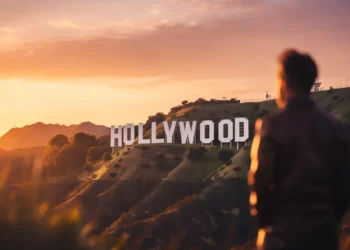 Cinematic sunset over the Hollywood Sign with a film camera silhouette in the foreground, symbolizing Hollywood stories and major celebrity moments