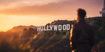 Cinematic sunset over the Hollywood Sign with a film camera silhouette in the foreground, symbolizing Hollywood stories and major celebrity moments