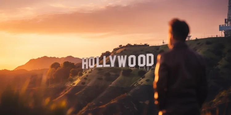 Cinematic sunset over the Hollywood Sign with a film camera silhouette in the foreground, symbolizing Hollywood stories and major celebrity moments