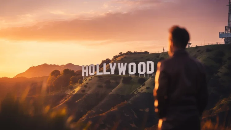 Cinematic sunset over the Hollywood Sign with a film camera silhouette in the foreground, symbolizing Hollywood stories and major celebrity moments