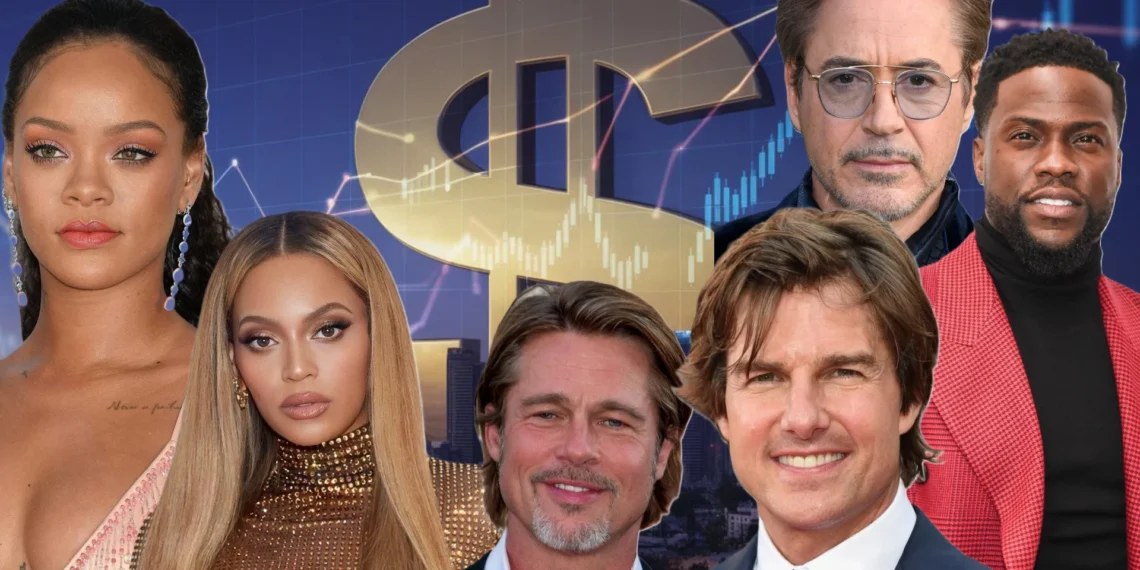Modern Hollywood skyline with glowing financial charts and a film camera silhouette representing the 2025 richest Hollywood celebrities net worth ranking