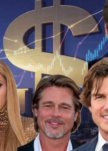 Modern Hollywood skyline with glowing financial charts and a film camera silhouette representing the 2025 richest Hollywood celebrities net worth ranking