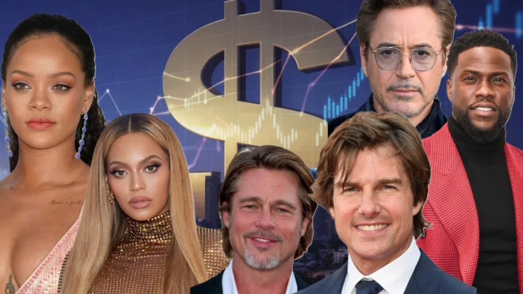 Modern Hollywood skyline with glowing financial charts and a film camera silhouette representing the 2025 richest Hollywood celebrities net worth ranking